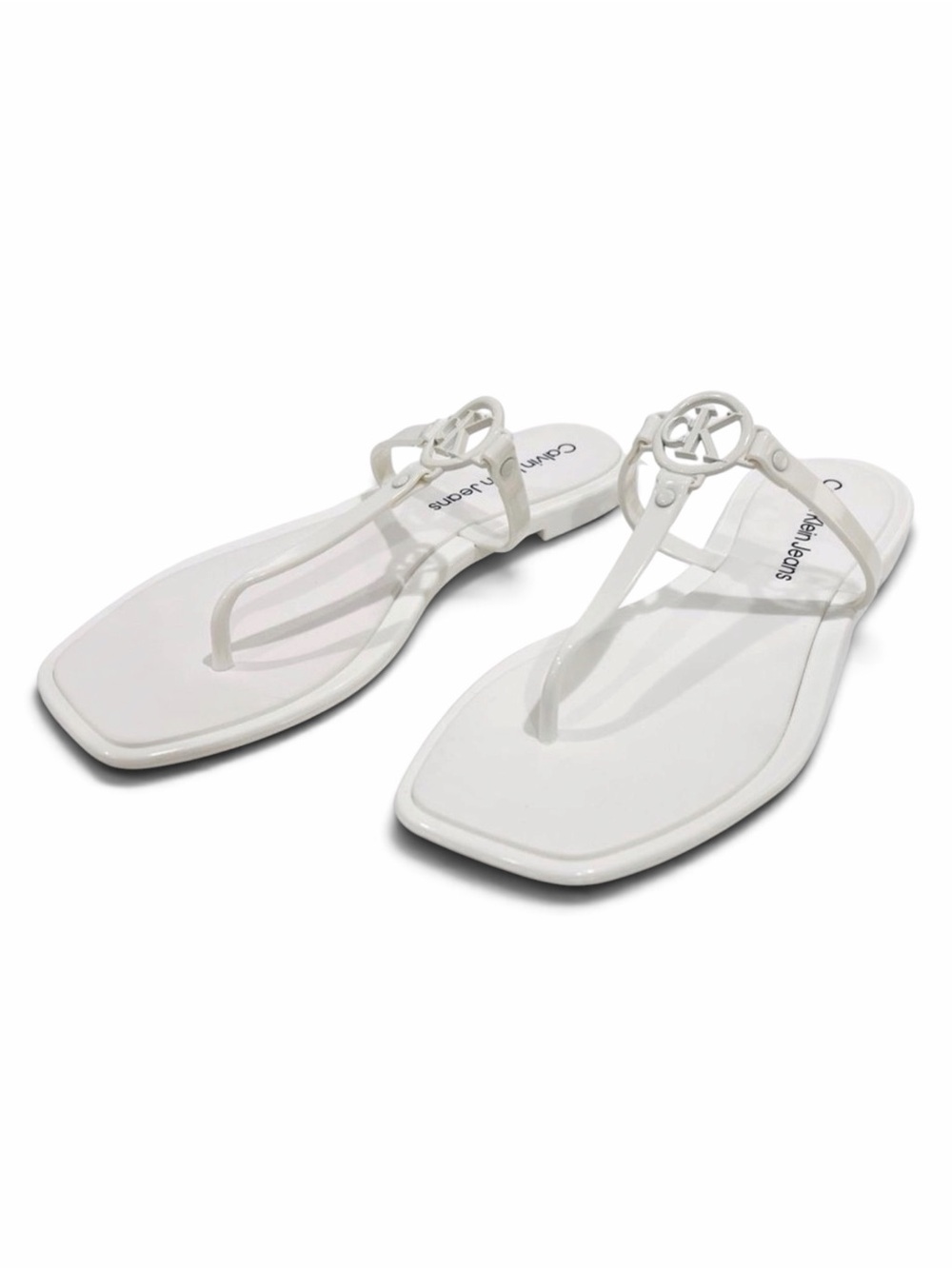 Calvin Klein Edhen T Strap Flat Sandals Patent Logo Flip Flops White 10 NEW